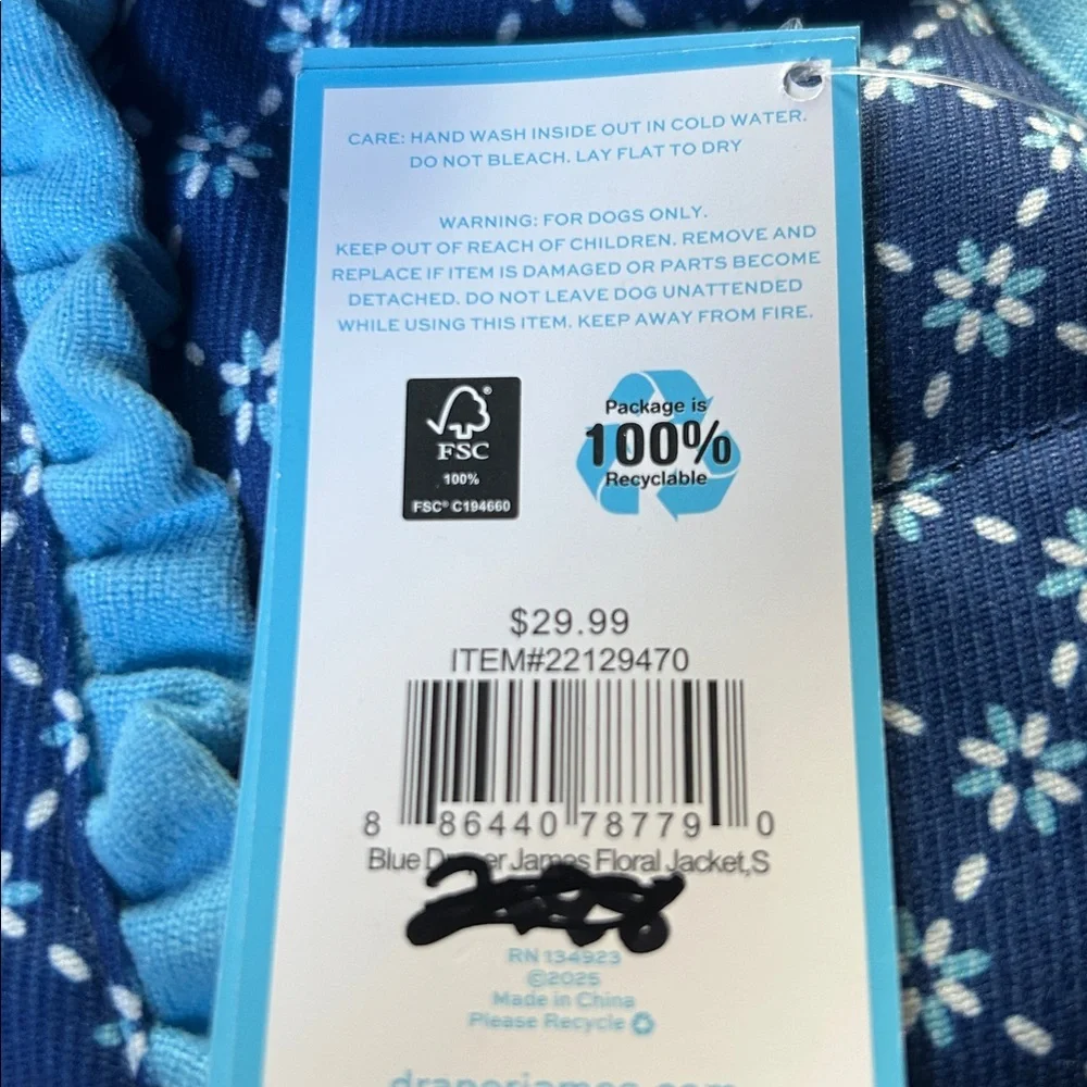 New Draper James Floral Quilted Dog Jacket Blue S